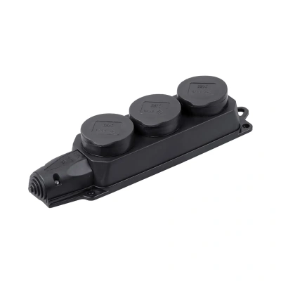 Купить Розетка (колодка) 3-х местн. с защитн. крышками "Омега" рб33-1-0м, IP44, черный (1/10/40) "IEK"