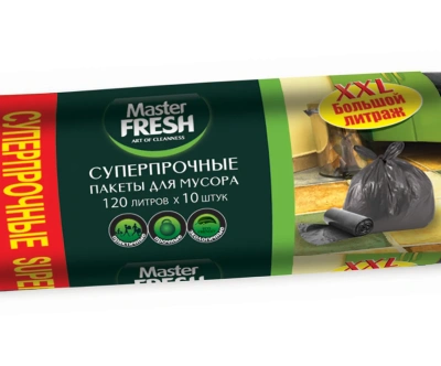 Купить Пакеты для мусора суперпрочные 120 л рулон 10 шт. (черные) 22 мкм (1/20) "MASTER FRESH"