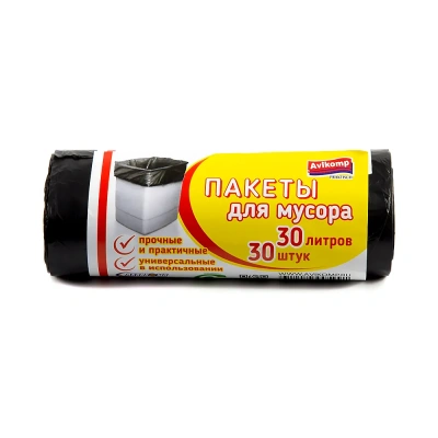 Купить Пакеты для мусора "PRAKTISCH"  30 л, рулон 30 шт. (черные) 7 мкм (1/50) "AVIKOMP"