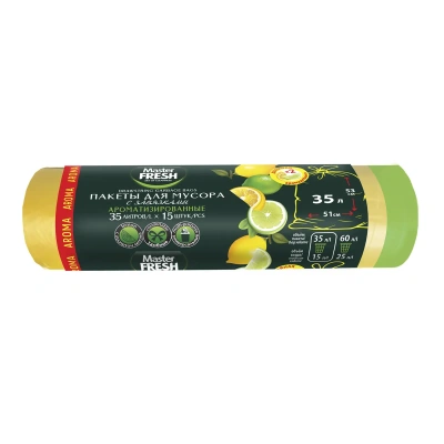 Купить Пакеты для мусора с завязками "AROMA" 35 л рулон 15 шт. (желтые) 14 мкм (1/30) "MASTER FRESH"