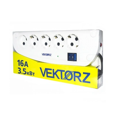 Купить Фильтр сетевой "VEKTOR Z" 5 м, 4 роз. C заземл. + 1 роз. без заземл. (3,5 квт, 16 а) белый (1/10)